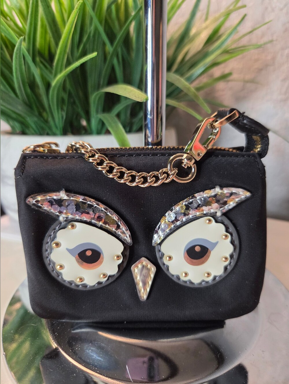 Kate Spade Black Mini Owl-Appliqué Pouch with Gold Chain